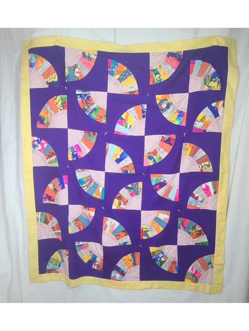 Vintage 70s Fan Tie Quilt Patchwork Polyester Cotton Lap Blanket 54×64